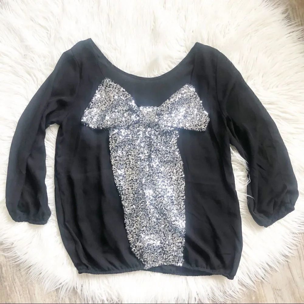 Silver sequin Bow Shirt  - Picture 1 of 5